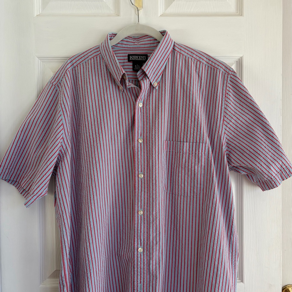 Lands' End Men's Striped Shirt - Red and White